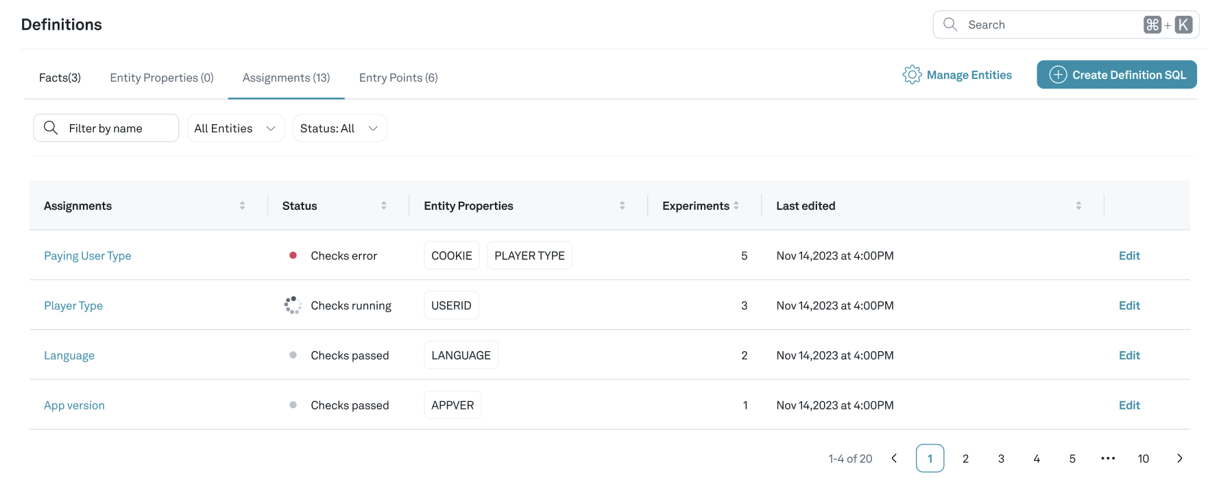 Status shown on the definitions page