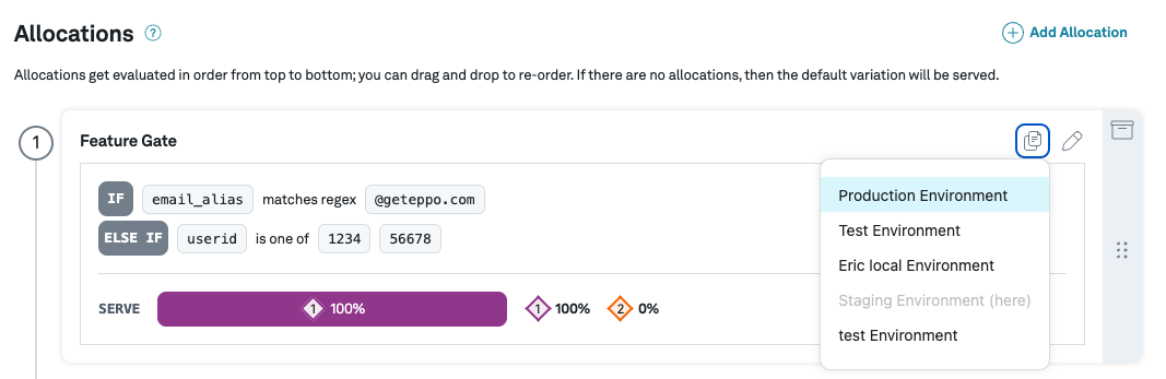 Screenshot of duplicating an allocation on a flag