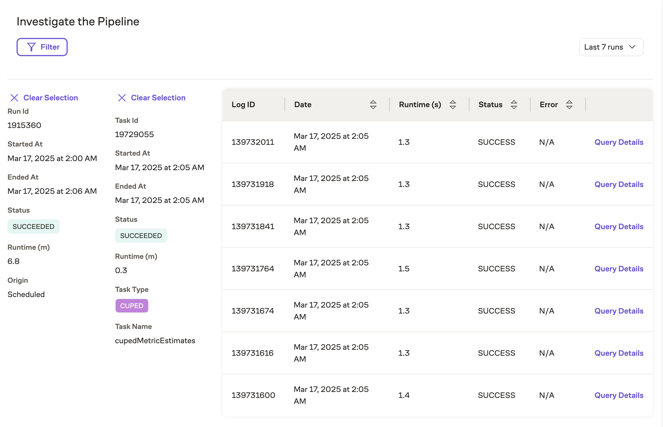 Log details for a task