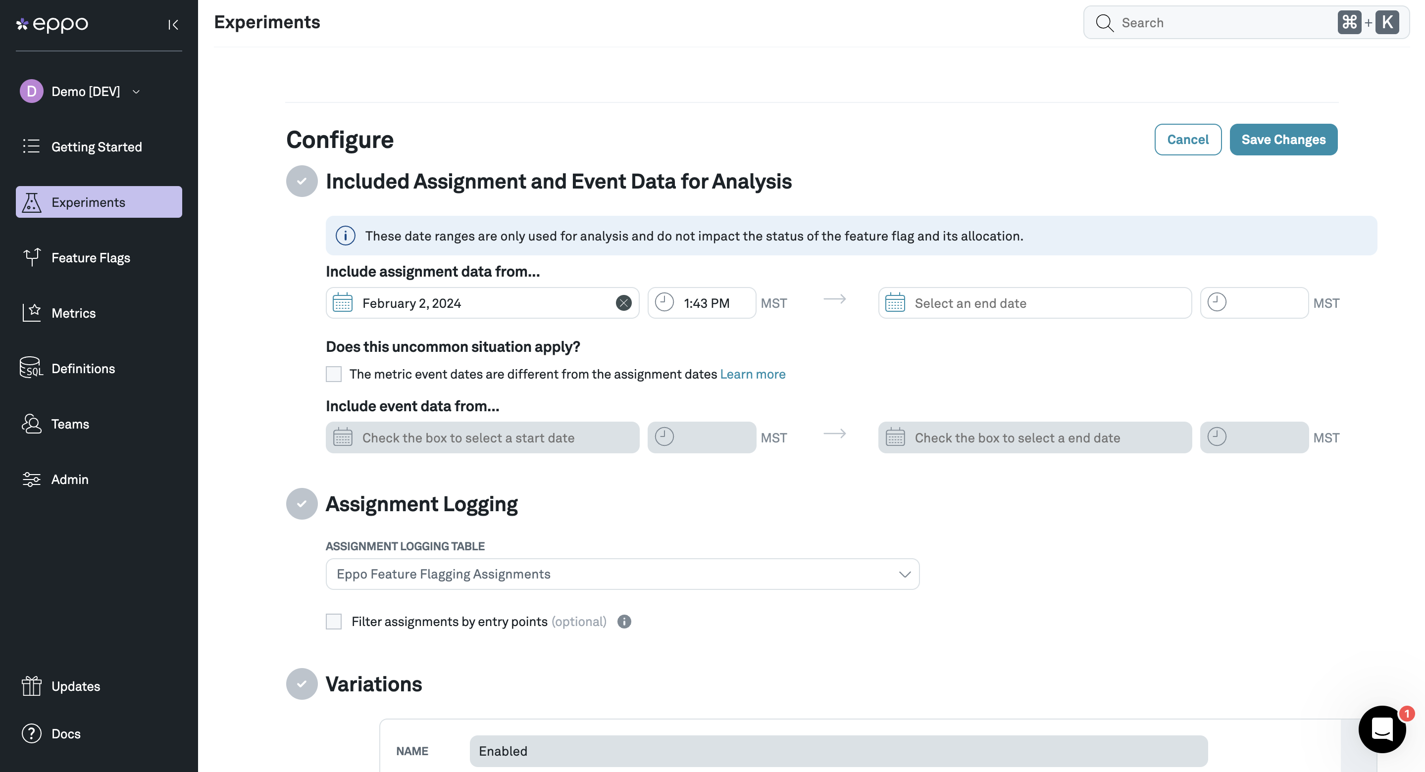 Configure Experiment